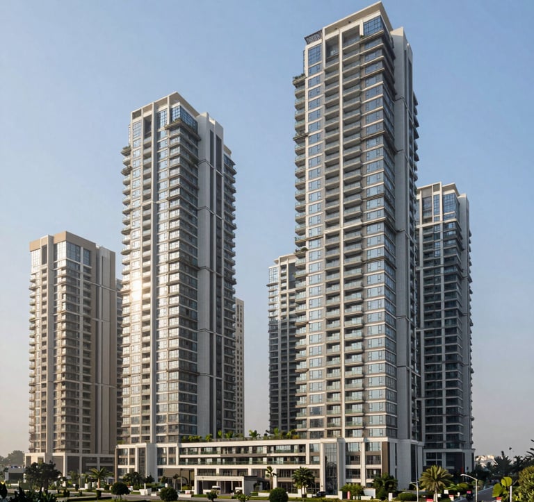Exterior shot of a cluster of luxury high-rise towers in Greater Noida, showcasing contemporary architecture with clean lines and green terraces. The scene is set in bright midday sun with a clear sky. South Asian / Indian urban landscape with manicured gardens at the base. High-end real estate photography.