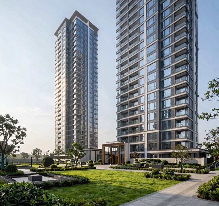 A wide-angle exterior view of a premium residential skyscraper complex in Greater Noida, featuring modern glass architecture and lush landscaped gardens. The scene is bright and airy, reflecting a high-end South Asian / Indian urban residential development.