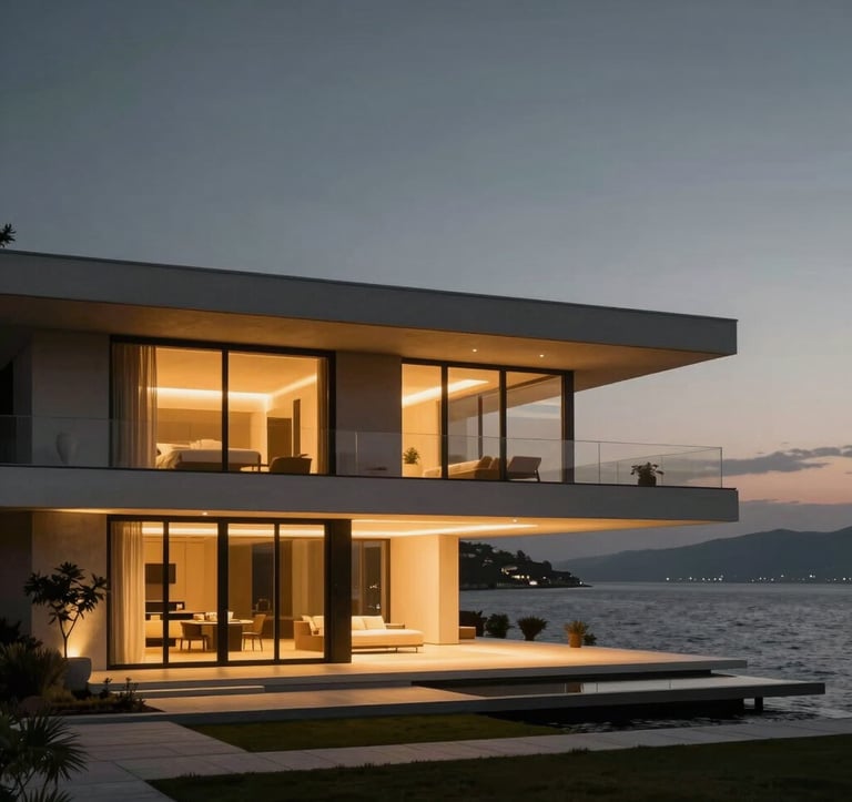 Architectural photography of a minimalist luxury waterfront villa in Bodrum. Warm golden lighting emanating from interior spaces, contrasting with the anthracite sky. Elegant and exclusive. Turkish / Global setting.
