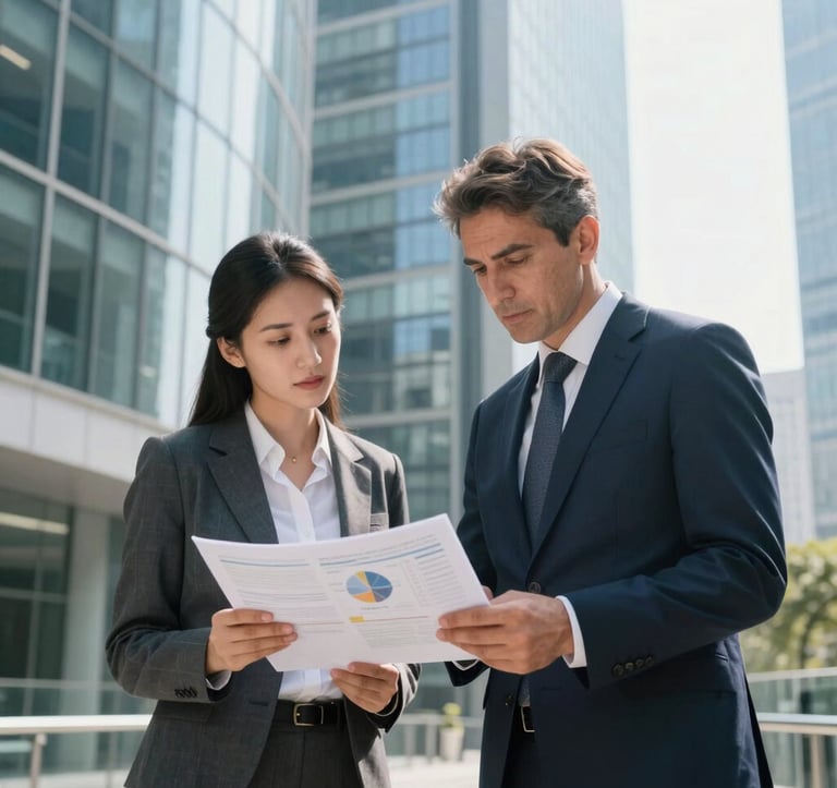 Two professionals in tailored business attire discussing market reports in a bright, modern corridor of a glass skyscraper. Lighting is professional and clear. Turkish / Global setting.