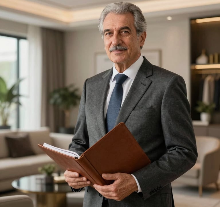 Professional studio portrait of a senior real estate consultant in a tailored anthracite suit, holding a leather folder, standing in front of a blurred luxury apartment interior. Professional lighting, sophisticated mood, Turkish / Global context.