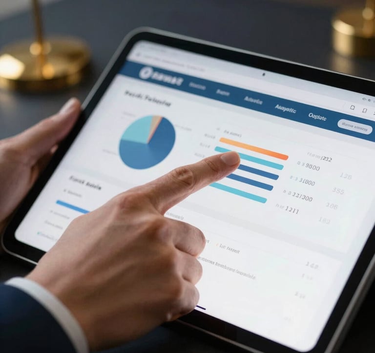 Close-up of a hand in a suit pointing to a real estate analytics dashboard on a tablet. Sharp focus, professional lighting, with a background of dark navy and gold decor. Turkish / Global setting.