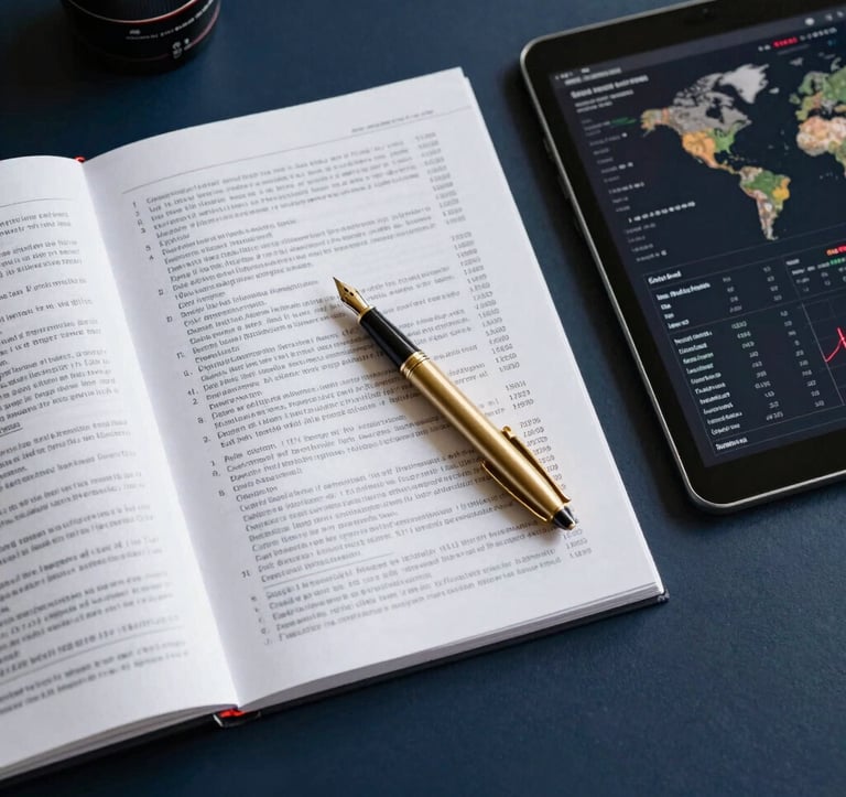 Clean, top-down view of a dark navy desk with an open analytical report, a gold fountain pen, and a digital tablet showing real estate market trends and charts. Sophisticated atmosphere, Turkish / Global setting.