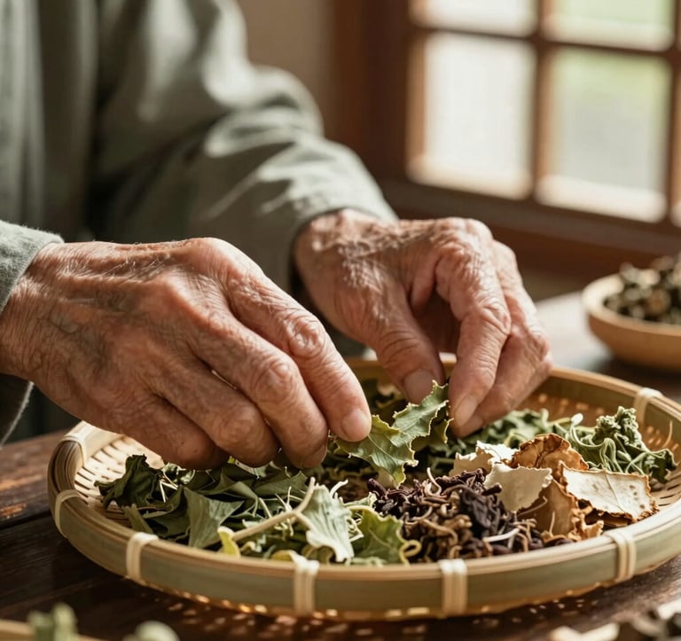 A close-up shot of hands belonging to a Dao elder, carefully sorting traditional medicinal herbs on a bamboo tray. The scene is illuminated by warm, natural sunlight filtering through a wooden window. The palette features organic greens (#5C7C54) and earthy tones, conveying wisdom and authenticity.