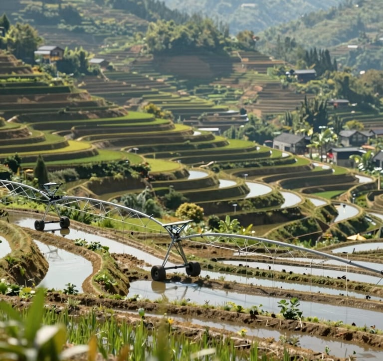 An empowering shot of a modern, sustainable irrigation project integrated into a traditional Dao terraced field. The scene features bright, hopeful daylight and a clean, organized composition highlighting the blend of ancient land and forward-looking development.