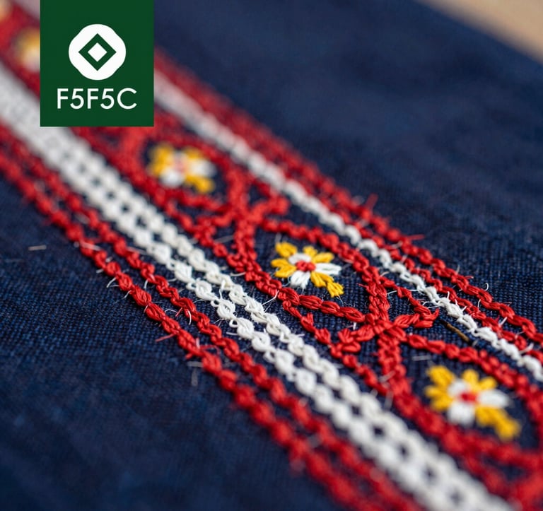 A close-up, high-detail macro shot of traditional Dao ethnic embroidery. The intricate patterns of red, white, and yellow thread on dark indigo fabric tell a story of heritage. Soft focus background featuring the cooperative's logo. Colors emphasize #1A3D2F and #F5F5EC.