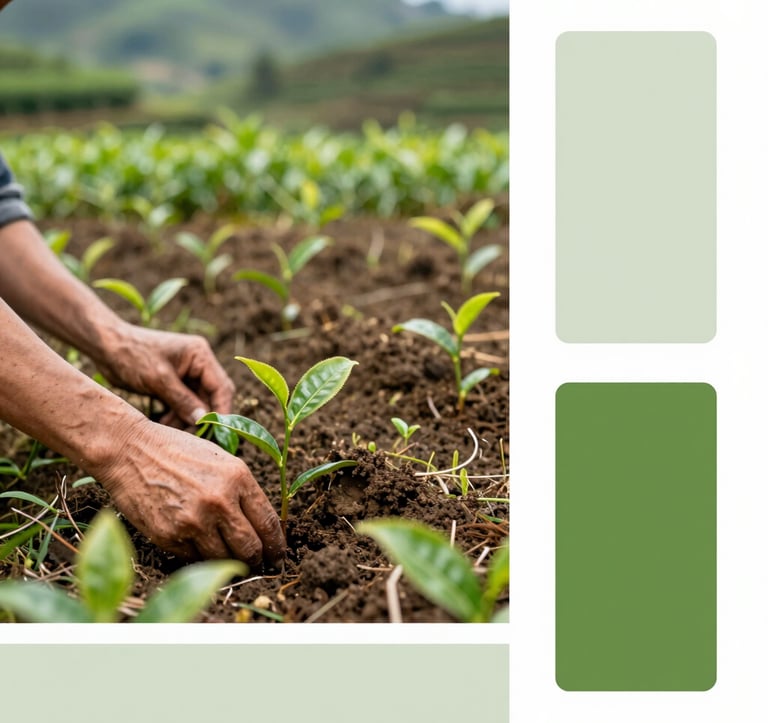 An evocative landscape shot of fertile highland soil with young organic tea saplings being planted. The composition is grounded and earthy, showing hands working the soil. The lighting is natural and serene, featuring the brand's sage green (#A8B59F) and forest green (#5C7C54).