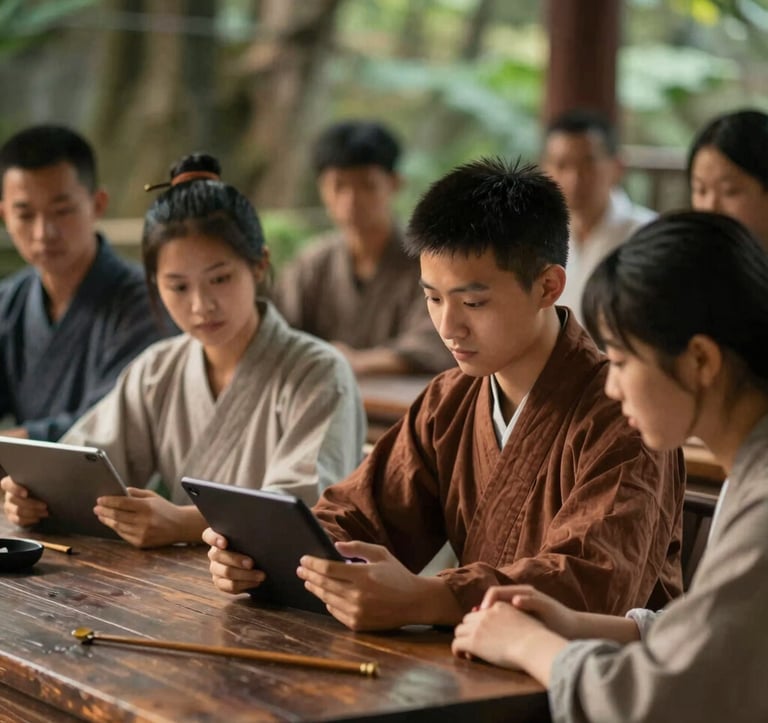A group of young Dao people gathered in a community hall made of dark wood. They are engaged in a workshop, looking at a digital tablet with expressions of focus and empowerment. The lighting is warm and hopeful, with subtle hints of forest green (#1A3D2F) in the background.