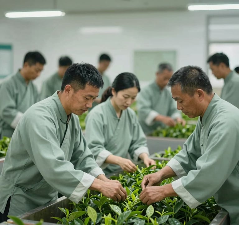 A group of Dao community members, dressed in traditional attire with subtle #1A3D2F accents, working together in a premium tea processing facility. The atmosphere is bustling and collaborative, showcasing economic empowerment and community pride.