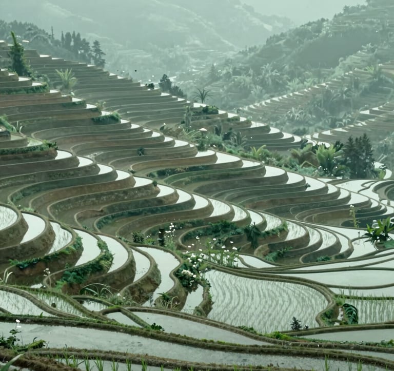 Beautiful terraced rice fields carving into the mountainside. The water in the terraces reflects the soft sage green (#A8B59F) of the crops. The composition is balanced and peaceful, showcasing the harmony between agricultural labor and the natural environment.