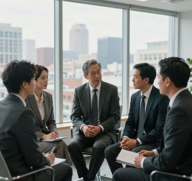 A group of professionals in tailored business attire having a discussion in a bright, modern office with large floor-to-ceiling windows overlooking a North American urban landscape. The lighting is soft and natural.