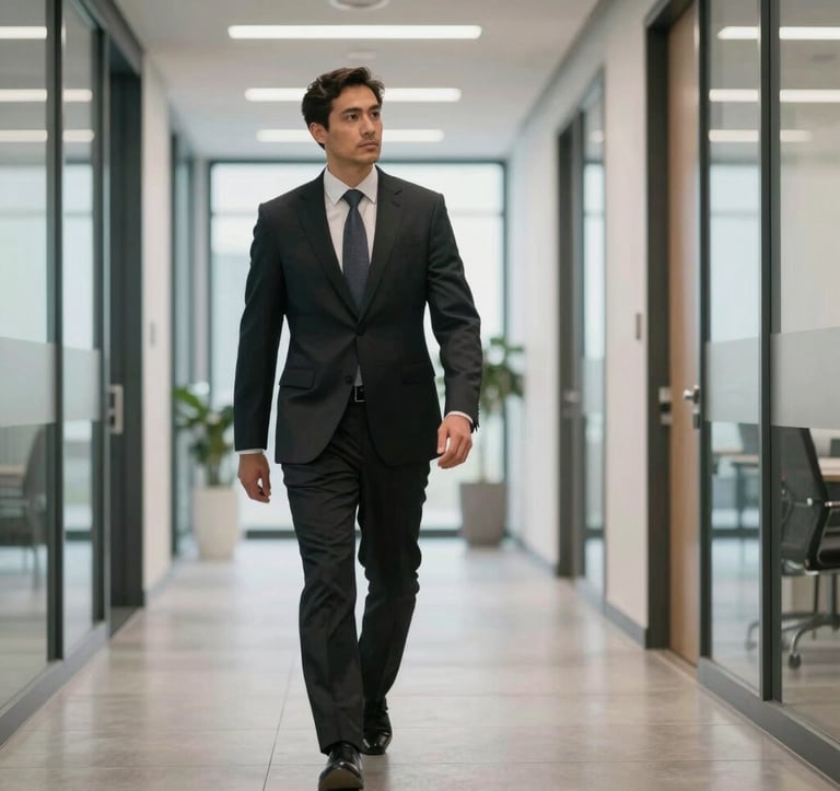 A professional in business attire walking through a brightly lit, modern office hallway in a North American corporate building, conveying a sense of progress and reliability.