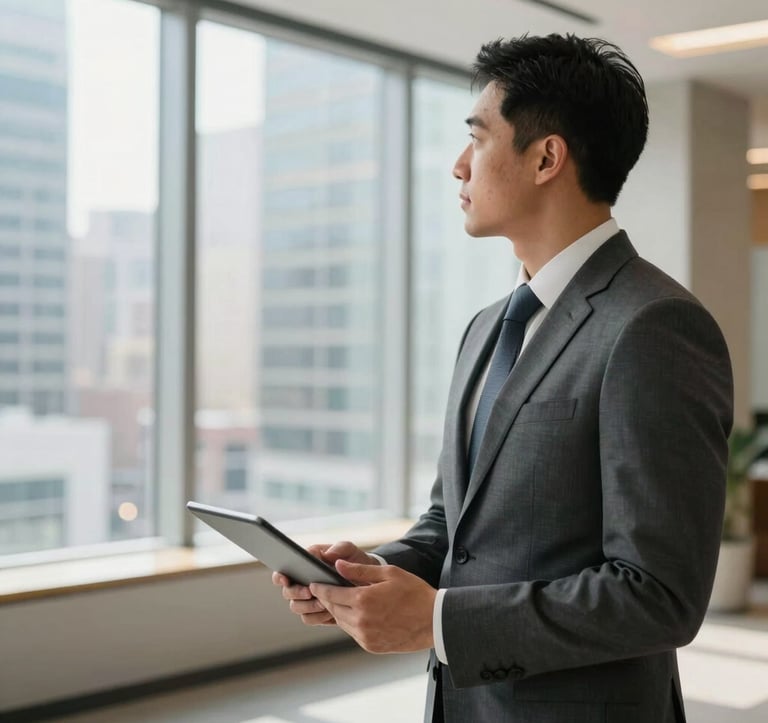 A professional man in a sharp suit standing in a North American corporate lobby, holding a tablet and looking towards a window with a city view. The lighting is bright and clear, emphasizing a modern and trustworthy business atmosphere with subtle gold accents in the decor.