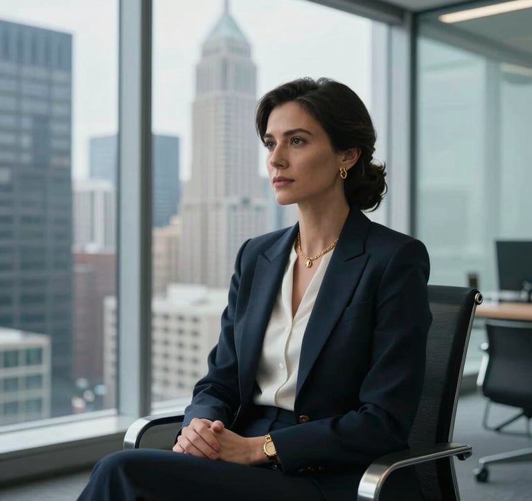 A sophisticated female executive sitting in a modern glass-walled office overlooking a bustling North American metropolitan area. She is dressed in corporate attire with gold jewelry, conveying success and expertise in global mobility.