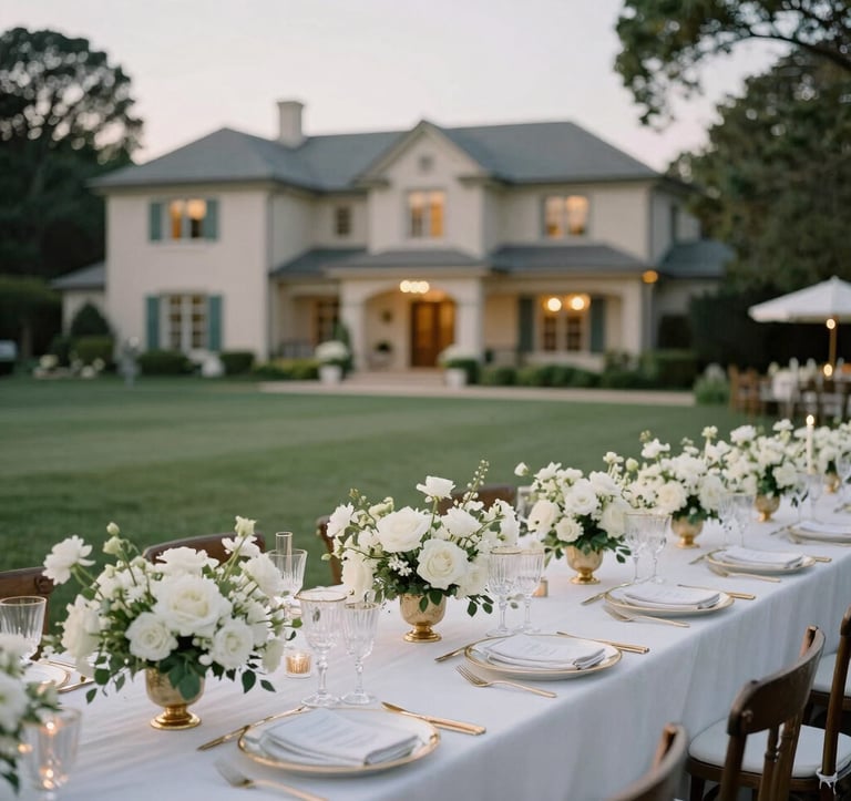 A sophisticated destination wedding setup on a manicured North American estate, featuring white floral arrangements, gold-rimmed glassware, and elegant outdoor seating under clear evening lighting.