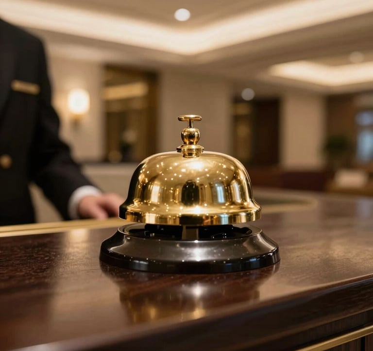 A close-up of a high-end concierge service desk with a gold bell, set in a luxurious and modern North American hotel lobby. The lighting is warm, emphasizing a premium and sophisticated hospitality experience.
