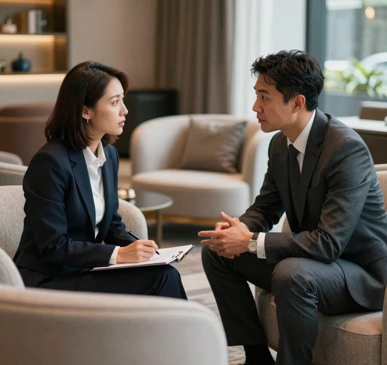 A professional business meeting occurring in an elegant lounge with premium furniture in a North American setting, showing two colleagues discussing international opportunities.