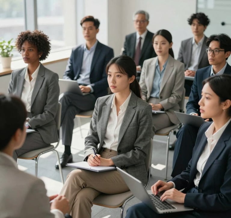 A group of diverse professionals in business attire participating in a structured corporate training session within a bright, modern North American office. Natural light illuminates the focused and collaborative environment.