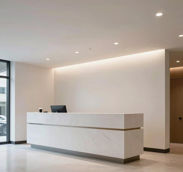 A low-angle shot of a clean, minimalist reception area of a high-end service agency in a North American metropolitan center, featuring structured architectural lines and professional lighting.