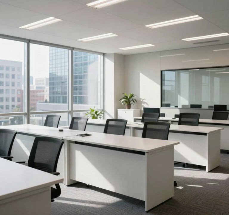 A sophisticated corporate classroom or seminar space in a North American office building, with sleek white furniture and natural light streaming through large windows.