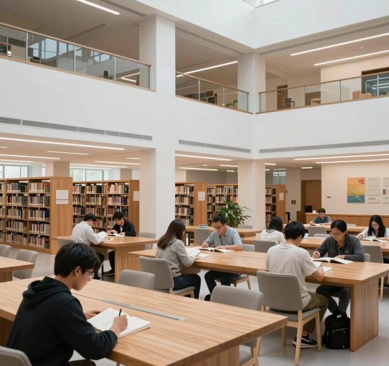 A serene and modern university library interior in North America, with students reading at wooden tables. The architecture features clean lines, white walls, and bright, high-key lighting.