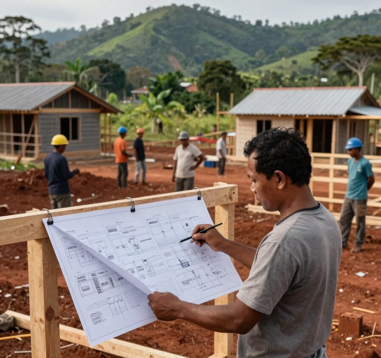 Wide environmental shot of a Papuan housing construction site at mid-morning, natural daylight, a community leader in the foreground reviewing blueprints pinned to a timber frame, workers visible in the background, red earth visible underfoot, lush green hills at the horizon