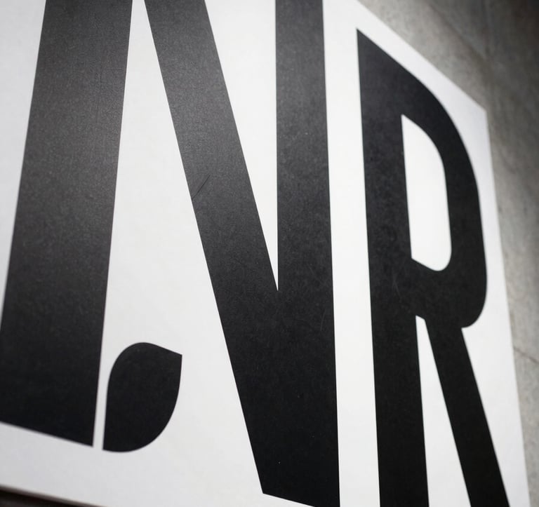 Extreme close-up of a large-format environmental graphic panel mounted on raw concrete, stark studio strobe lighting revealing texture and ink density, a single bold typographic treatment visible in high contrast black on white, shot tight from below at a slight upward angle