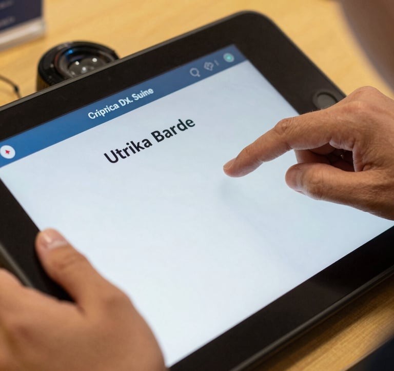 Close-up photography of a person's hands using a modern touch-screen interface for a certification exam in Türkiye, professional lighting, technical and high-tech feel with yellow and blue accents.