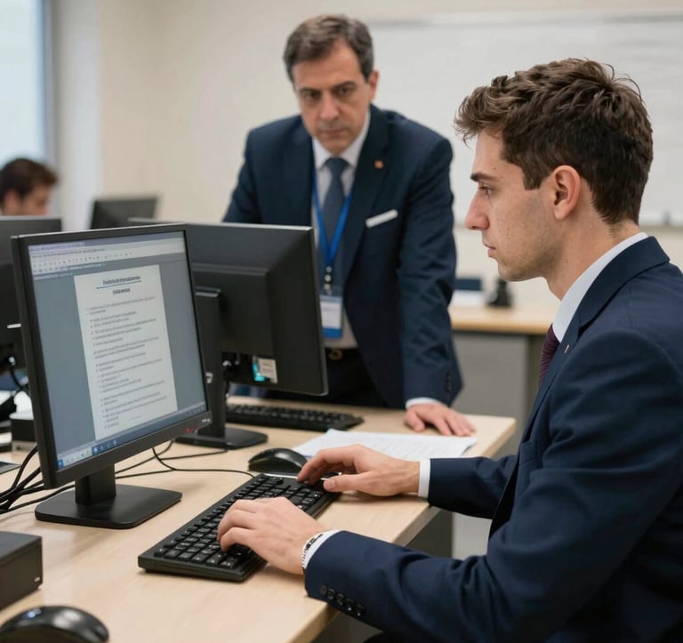 A professional setting in Türkiye where a candidate is taking a technical railway examination on a computer, monitored by a supervisor in professional attire, soft indoor lighting, navy blue color scheme.