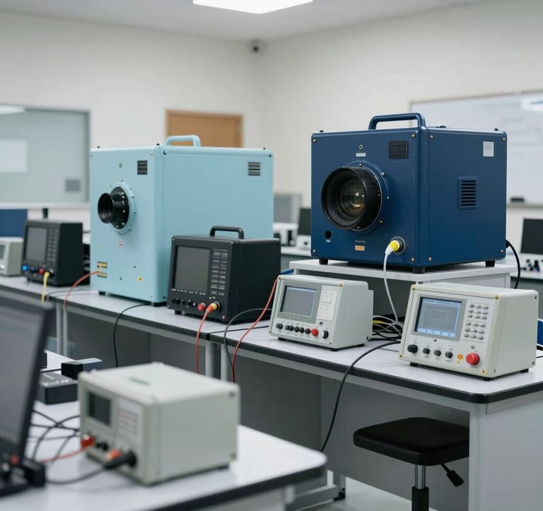 An interior shot of a technical training laboratory in Türkiye with railway equipment and electronic testing tools, bright clean environment, professional photography, hints of light blue and navy blue.