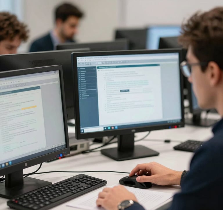 Close-up of a modern professional exam setting in Türkiye, candidates using technical monitors, clean industrial design, focused and trustworthy environment.