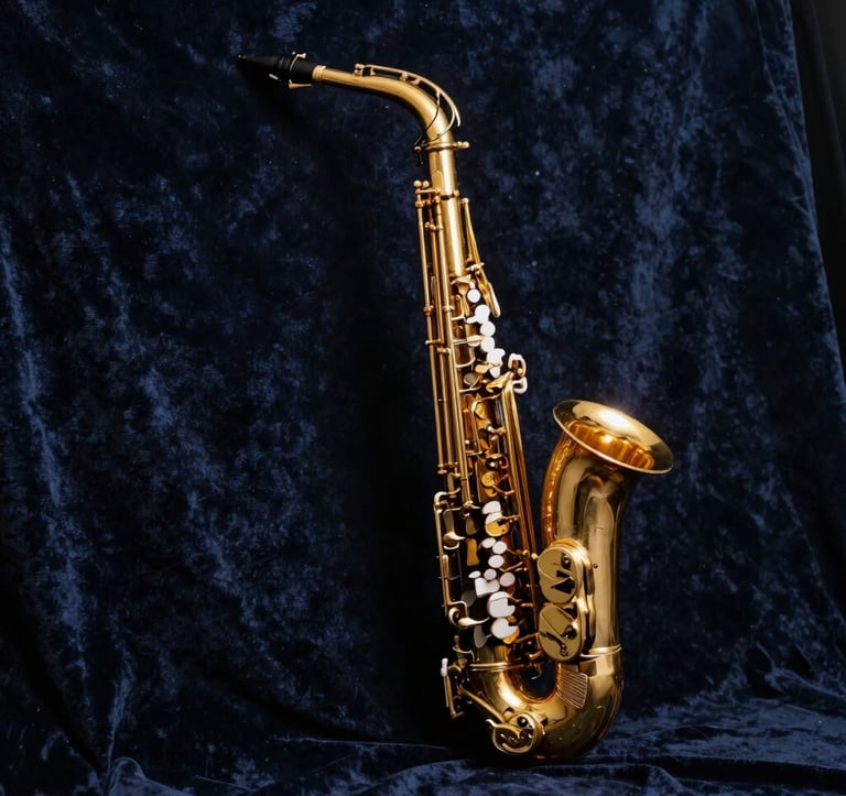 A minimalist, artistic shot of a golden saxophone resting against a dark navy velvet backdrop, illuminated by a single spotlight, evoking a sense of premium luxury and high-end media production.