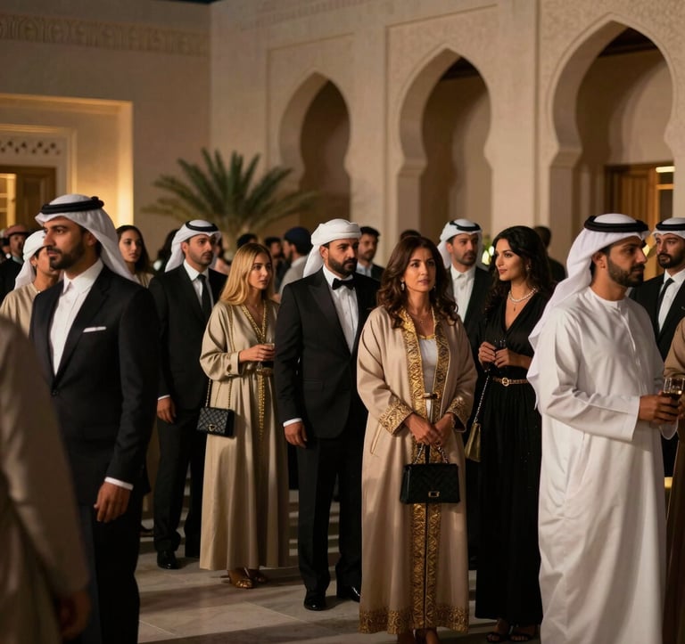 A lifestyle photography shot of a sophisticated crowd at an exclusive evening event in Muscat. The setting is a grand terrace with arched architecture. People are dressed in refined, elegant attire suitable for a high-end Middle Eastern / Gulf networking gala. Lighting is dramatic with gold highlights and deep shadows.