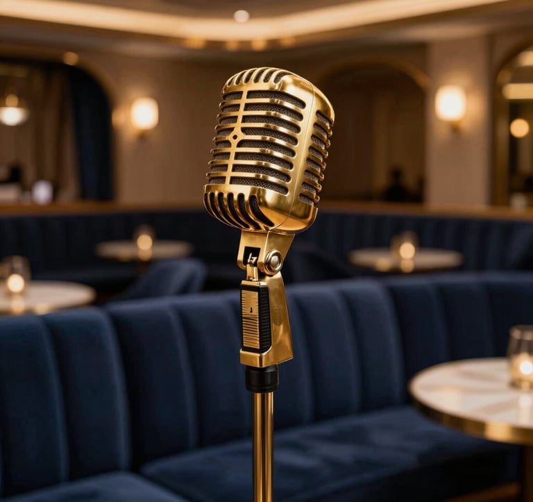An elegant interior of a luxury jazz club. A focused shot of a gold vintage microphone on a stand in the foreground, with a blurred background of plush navy blue velvet seating and warm gold lamps. Middle Eastern / Gulf sophisticated nightlife vibe.