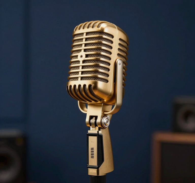 A high-end photography of a vintage-style gold microphone standing in a dark, minimalist studio. The background is a soft-focus deep navy blue, exuding an aura of prestige and premium audio quality.