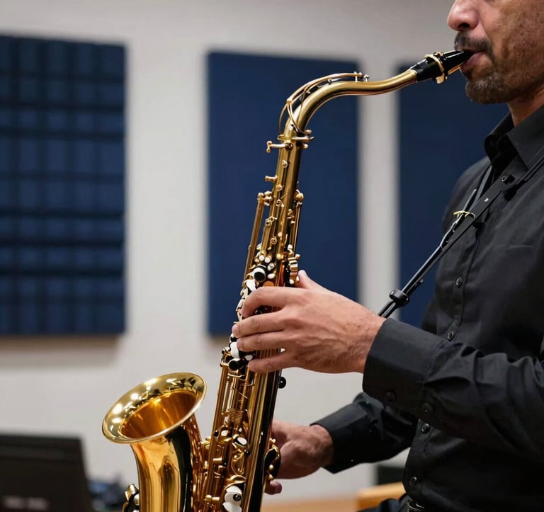 A close-up photograph of a professional jazz musician playing a golden saxophone in a dimly lit, premium studio. The lighting is a mix of white and deep navy blue. The background shows sound-diffusing panels in a luxury Middle Eastern / Gulf media facility.