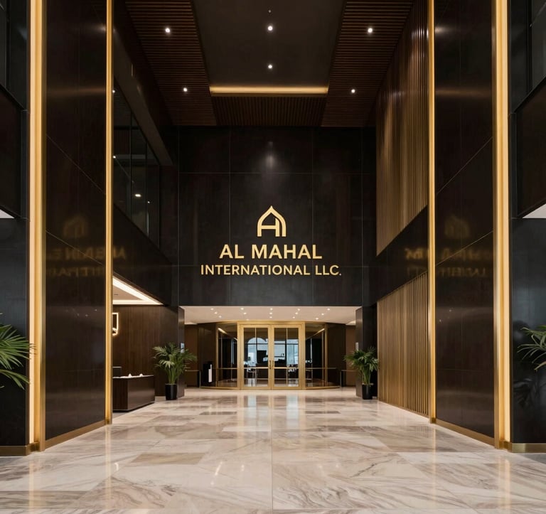 A wide angle interior shot of Al Mahal International LLC corporate lobby in Muscat, showcasing modern architectural lines, gold trim, and minimalist luxury design with a sophisticated dark color palette.