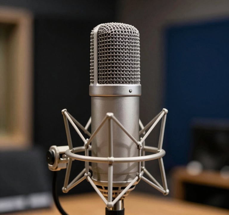 A close-up photograph of a vintage silver professional microphone in a high-end recording studio. The background is a dark black and navy blue with soft gold bokeh lighting, suggesting a premium media environment in the Middle Eastern / Gulf.