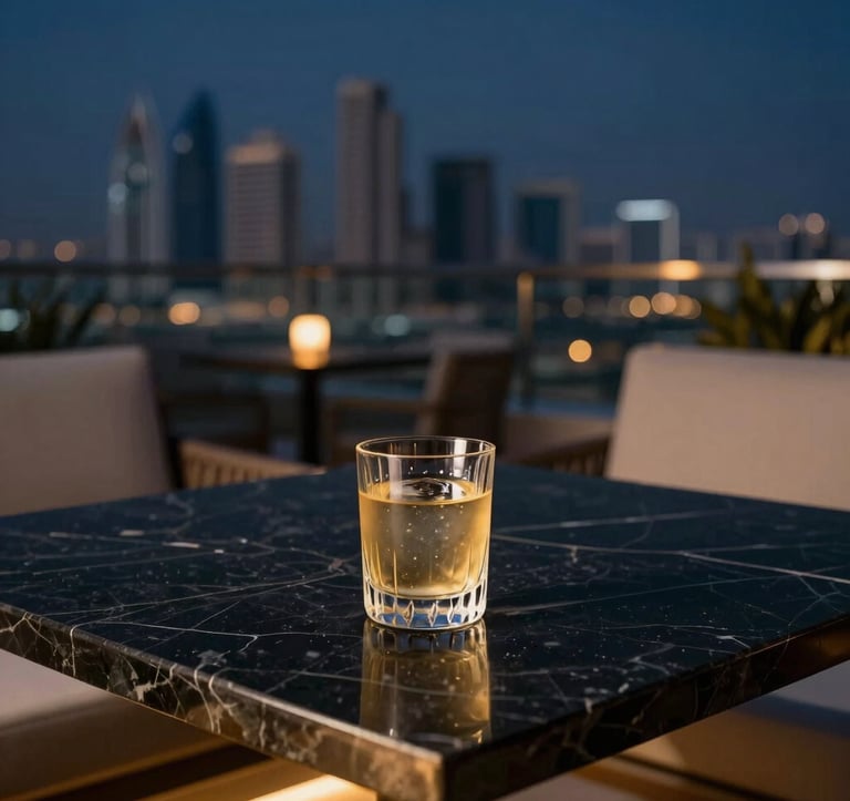 High-angle shot of a luxurious rooftop lounge table in a Middle Eastern / Gulf city. A single glass of a refined beverage sits on a black marble surface. Soft gold ambient lighting and deep navy blue evening sky in the background. Minimalist and elegant composition.