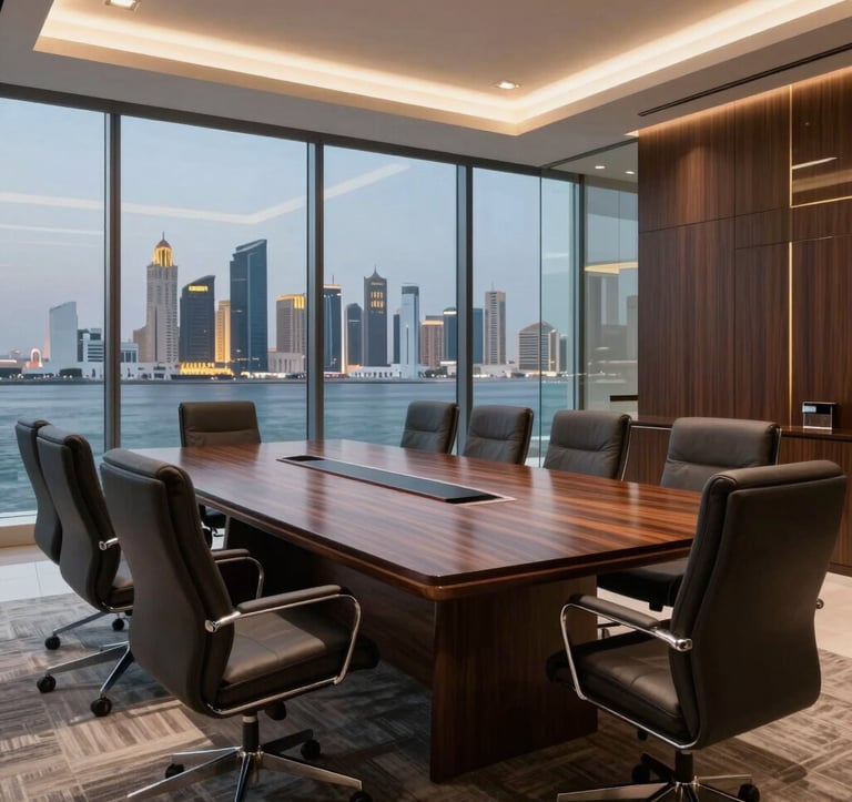 A sharp, modern photograph of a luxury corporate boardroom in Muscat, Oman. Dark wood furniture, glass walls, and a view of the city skyline at twilight with subtle gold accents in the interior design.