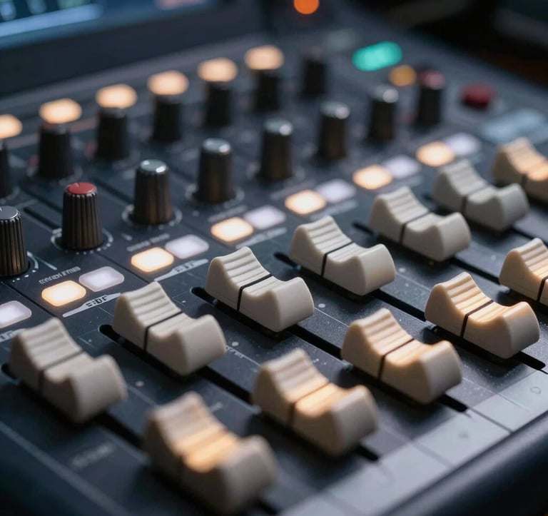 A close-up of a high-end professional media studio mixing console. The faders are illuminated with soft white and gold light against a dark navy and black technical background. The style is clean, modern, and expensive.
