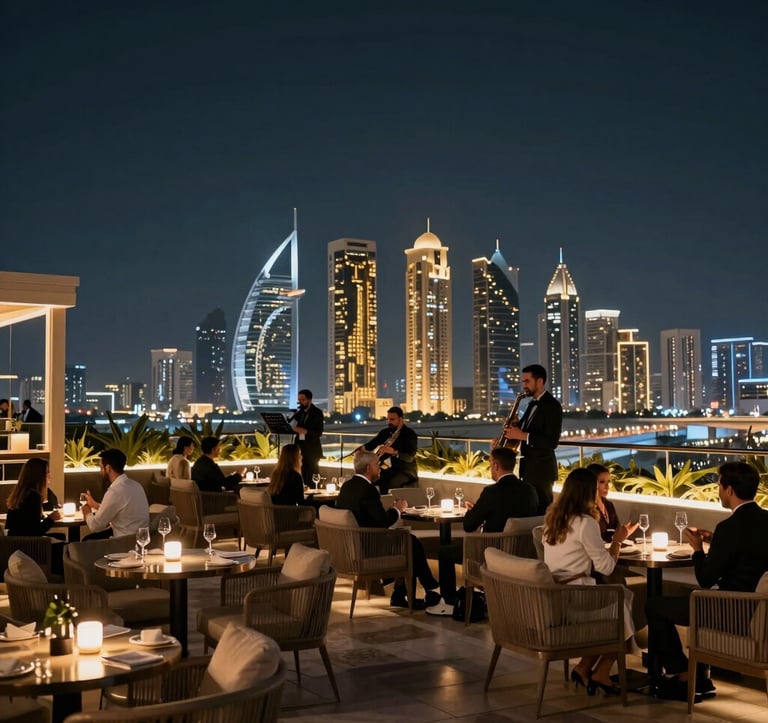 A wide photography shot of a luxury rooftop lounge in a Middle Eastern city, featuring elegant patrons and a live jazz band performing under a deep navy night sky with golden city lights in the background.