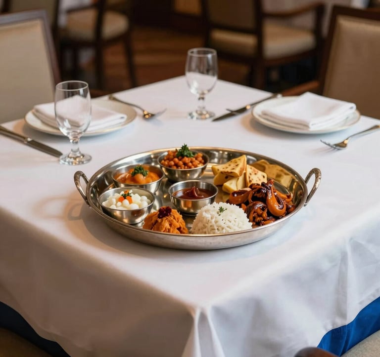 An elegant South Asian / Indian dining setting in a luxury hotel. A traditional silver thali is presented on a Cloud White tablecloth with Steel Blue accents. The lighting is warm and inviting, showcasing culinary excellence.