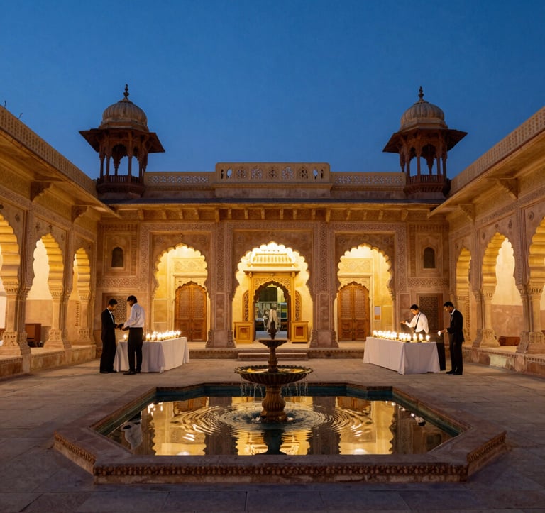 A stunning wide shot of a luxury heritage hotel courtyard in Rajasthan, India. The architecture features intricate stone carvings and arched doorways. A central fountain reflects the Midnight Blue sky as dusk falls. Professional staff are seen in the background tending to a candlelit dinner setup. The style is sophisticated and reflects a premium South Asian / Indian lifestyle.