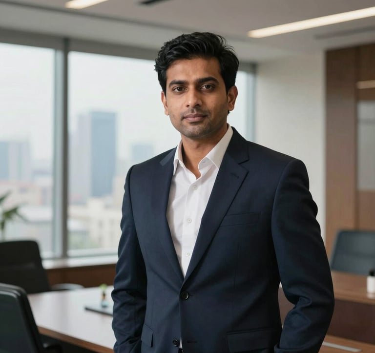 A professional portrait of a male travel agency founder in a sharp Midnight Navy suit, standing confidently in a modern South Asian / Indian executive office with a blurred city skyline seen through the window behind him.