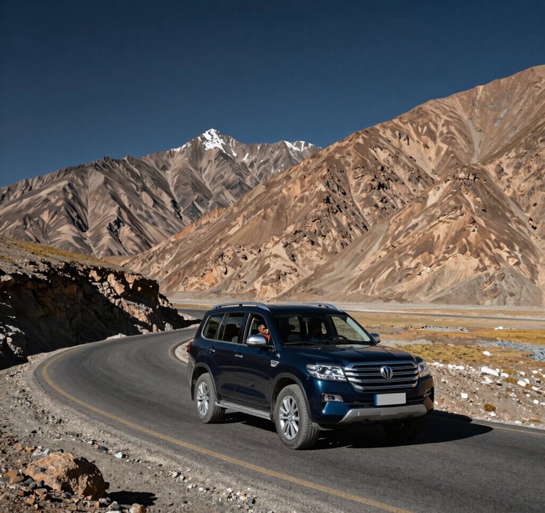 A premium dark navy SUV navigating a sharp bend on a high-altitude road in Ladakh. The dramatic brown mountains contrast with the Deep Navy sky. South Asian / Indian travelers inside are visible, highlighting the professional car rental service and the rugged beauty of the region.