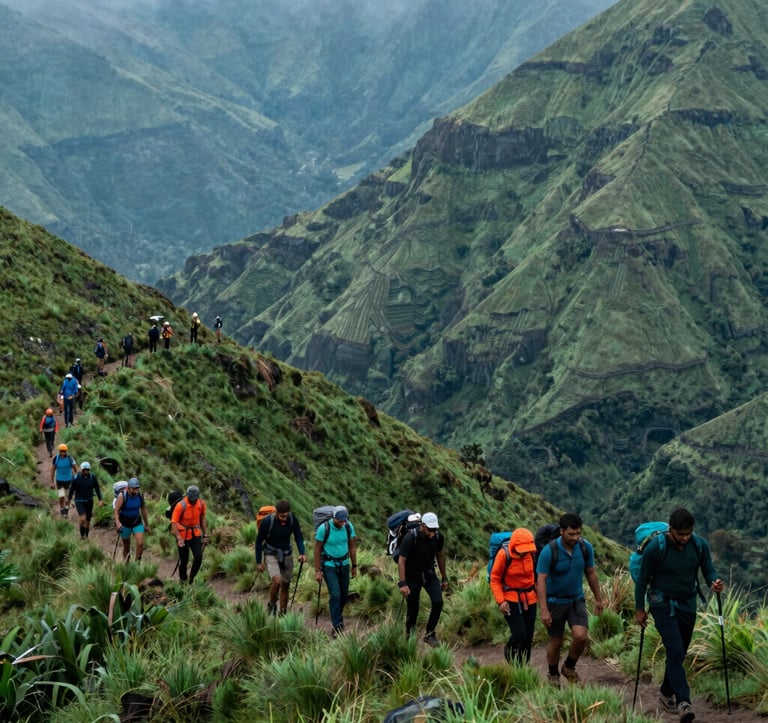 A professional trekking group consisting of South Asian / Indian hikers walking along a ridge in the Western Ghats. The landscape is a lush, deep green with soft Steel Blue mist in the valleys. The composition emphasizes the scale of nature and the quality of the adventure experience.
