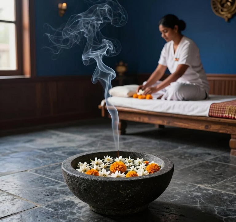 A peaceful interior shot of a high-end wellness spa in India. The room features dark wood accents and polished stone floors in Midnight Blue tones. Soft incense smoke curls in the air, and a stone bowl filled with floating jasmine flowers and marigolds sits in the foreground. A professional therapist in traditional attire prepares for a session in this authentic South Asian / Indian sanctuary.