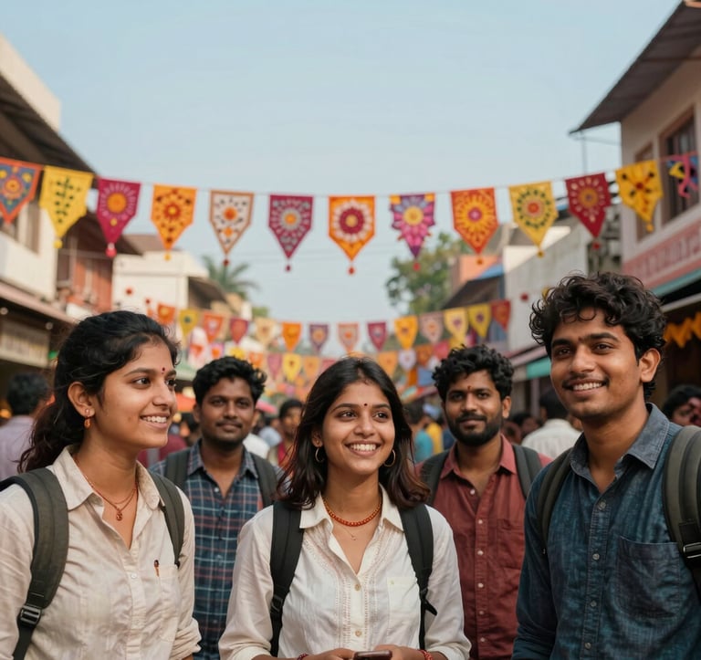 A group of joyful travelers in a South Asian / Indian city during a festival, with Soft Sky Blue and vibrant cultural decorations in the background. The lighting is bright and celebratory, focusing on a premium travel experience.