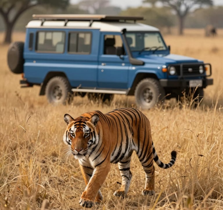 A cinematic shot of a Bengal tiger walking through tall golden grass in a South Asian / Indian national park. In the background, a professional safari vehicle in Steel Blue is parked at a safe distance. The lighting is warm and low, emphasizing the reliability and authenticity of the safari experience.